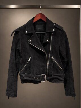 LTH JKT Black Suede Belted Moto Biker Jacket Asymmetric Zip Size S